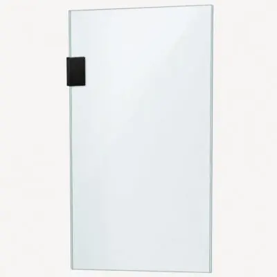 Frameless glass shower door with black hinge