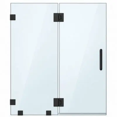 Frameless glass shower doors with black hinges