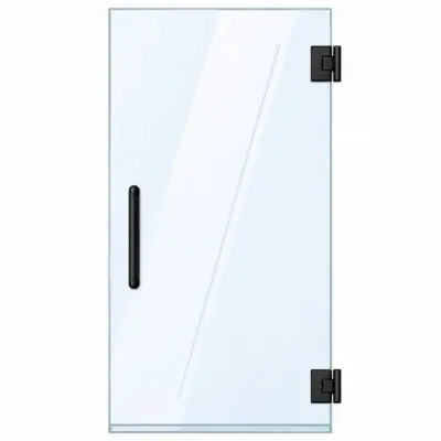 Frameless glass shower door with black handle